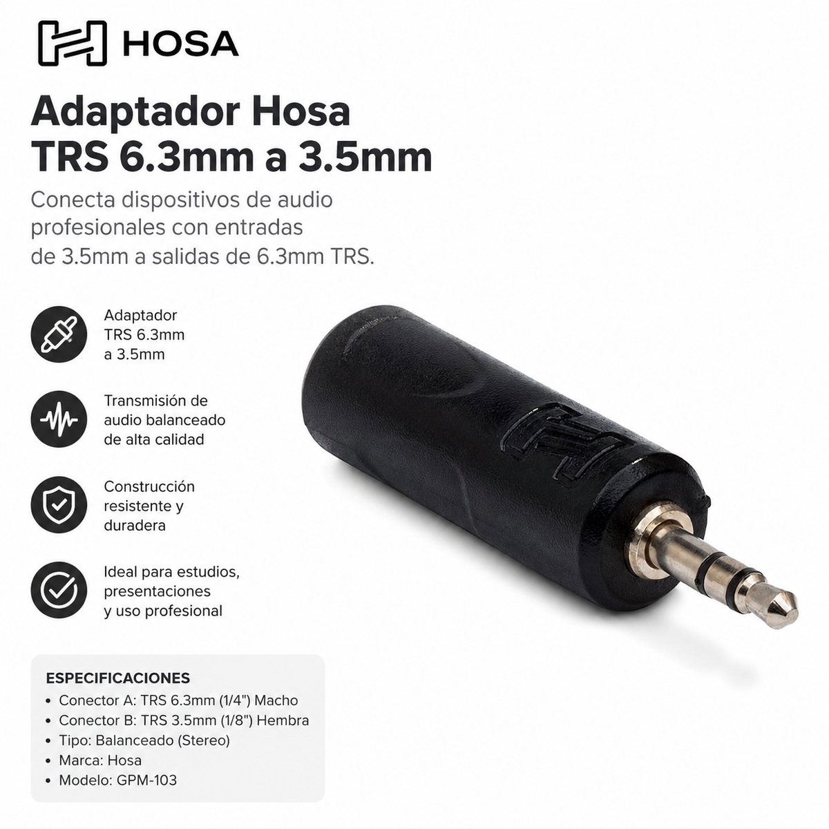 Adaptador Hosa TRS 6.3mm a 3.5mm Stereo Profesional