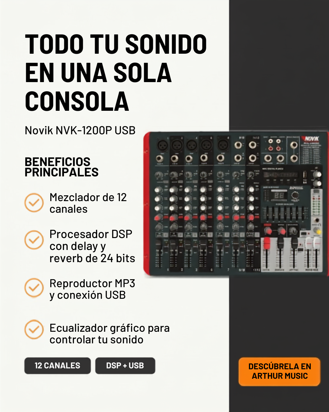 Novik NVK-1200P – Consola Potenciada Profesional 8 Canales Mic, USB, MP3 y Efectos